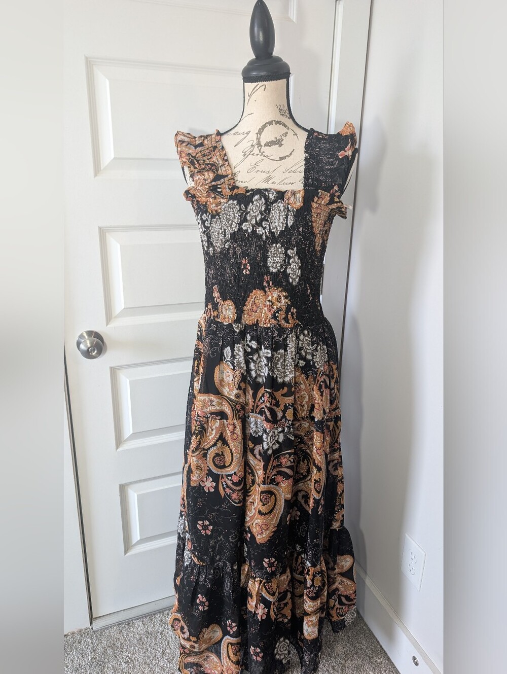 84. Her Destiny Women’s Black Paisley Smocked Midi Dress with Ruffle Straps M